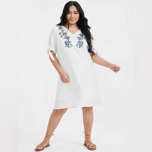 BloomChic White Midi Dress with Navy Floral Embroidery